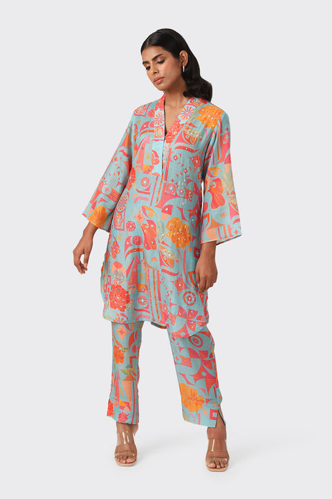 ABSTRACT TURQ ORANGE EMBROIDRED SET