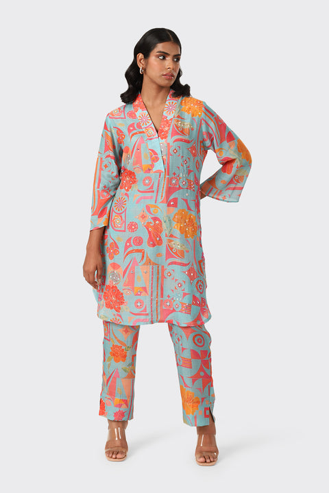 ABSTRACT TURQ ORANGE EMBROIDRED SET