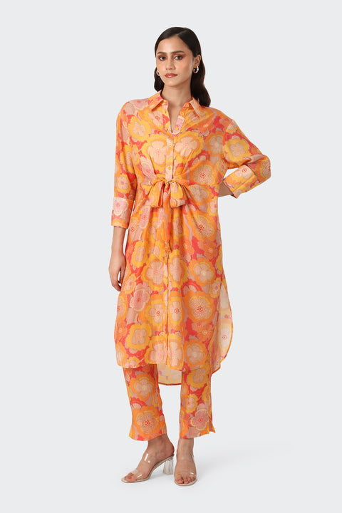 Retro Orange Knot Kurta Set