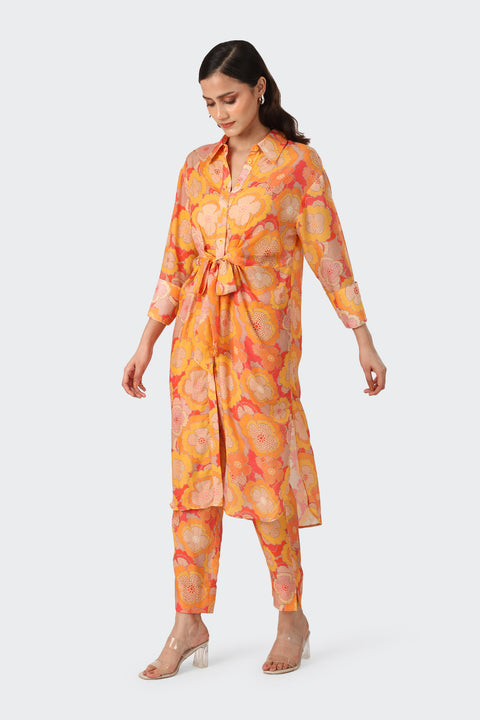 Retro Orange Knot Kurta Set